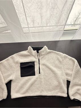 OAK + FORT Cream Sherpa Zip Pullover with Black Chest Pocket